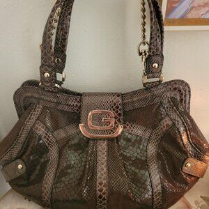 GUESS Shimmery Brown Reptile Satchel with Detachable Shoulder Strap - Brand New